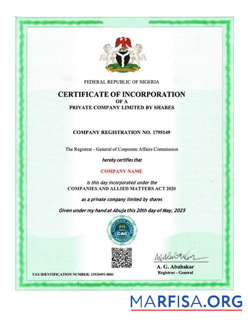 Realistic Nigeria certificate of incorporation Word and PDF template